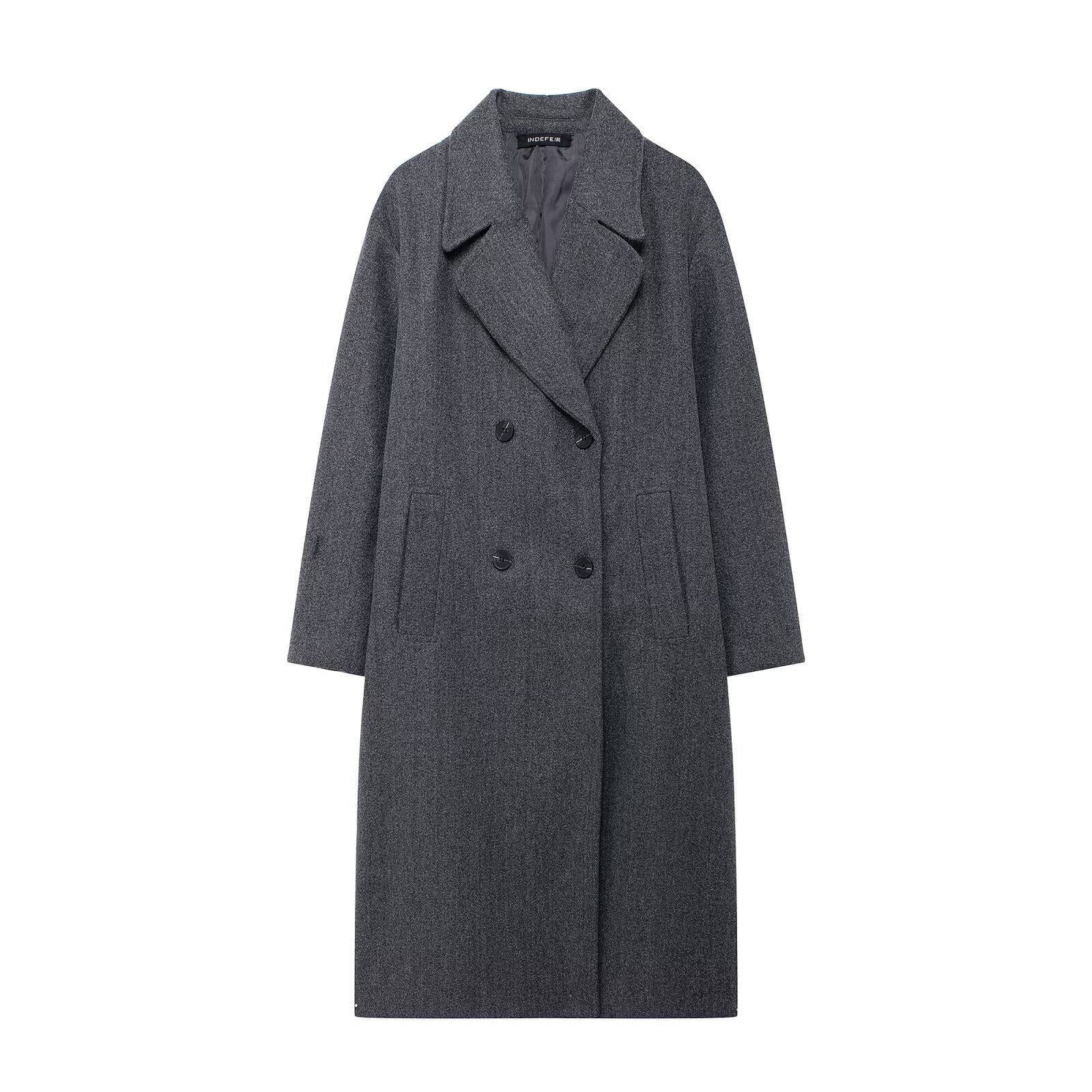 Hh feminino inverno casual mistura de lã entalhado lapela gola casaco chique trespassado trench coats oversized feminino jaquetas longas