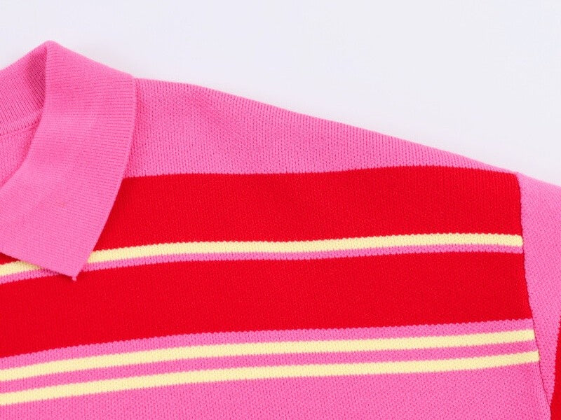 Polo de Malha Listrado Rosa e Vermelho 2026 - Blusa Feminina de Manga Longa com Gola Dobrável, Solta, para Uso Casual Diário na Primavera e Outono