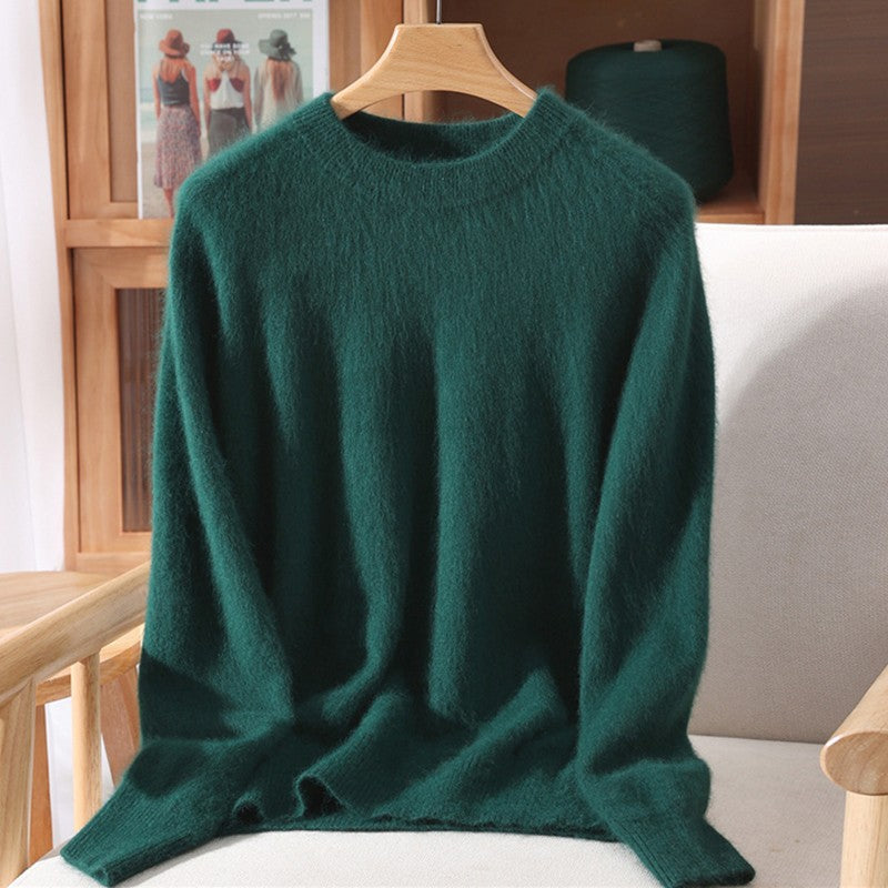 Outono e inverno novo suéter de caxemira de vison feminino curto grosso semi-gola alta camisa de fundo cor sólida simples topo