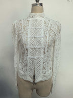 Blusas Femininas Vintage de Renda, Camisas Casuais de Verão com Gola Vazada, Elegantes com Bordado e Manga Bufante, Blusas Sexy