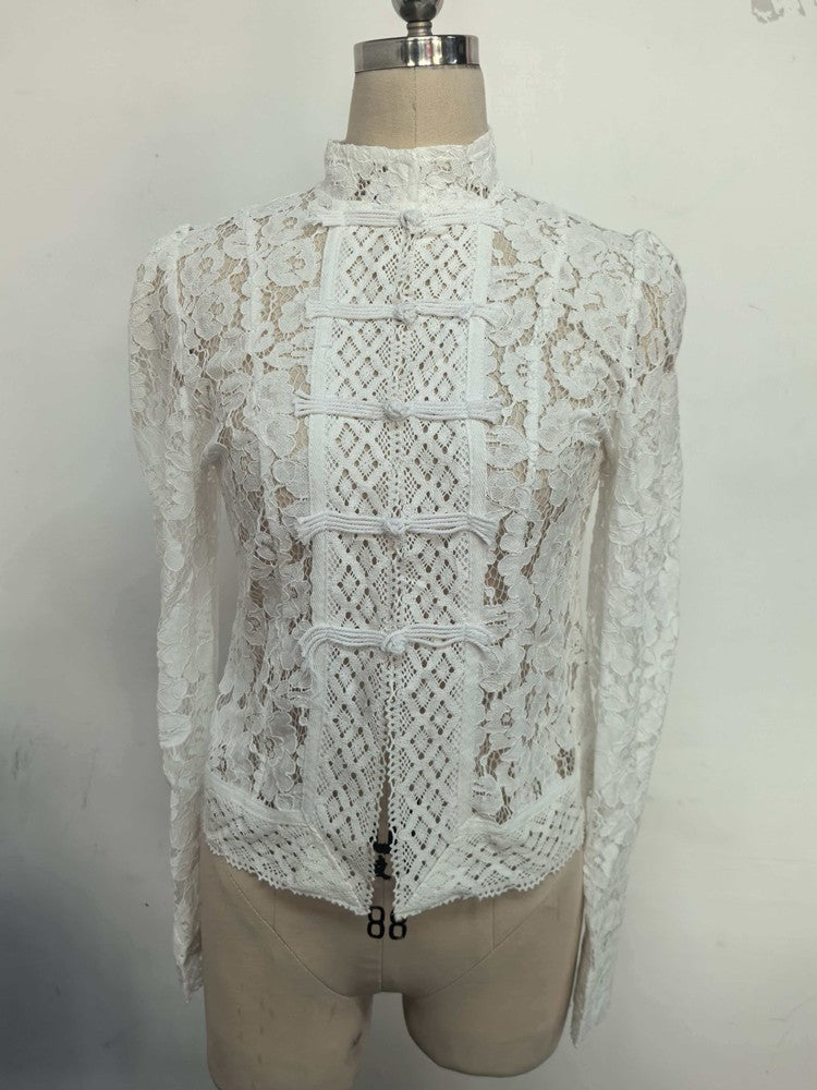 Blusas Femininas Vintage de Renda, Camisas Casuais de Verão com Gola Vazada, Elegantes com Bordado e Manga Bufante, Blusas Sexy