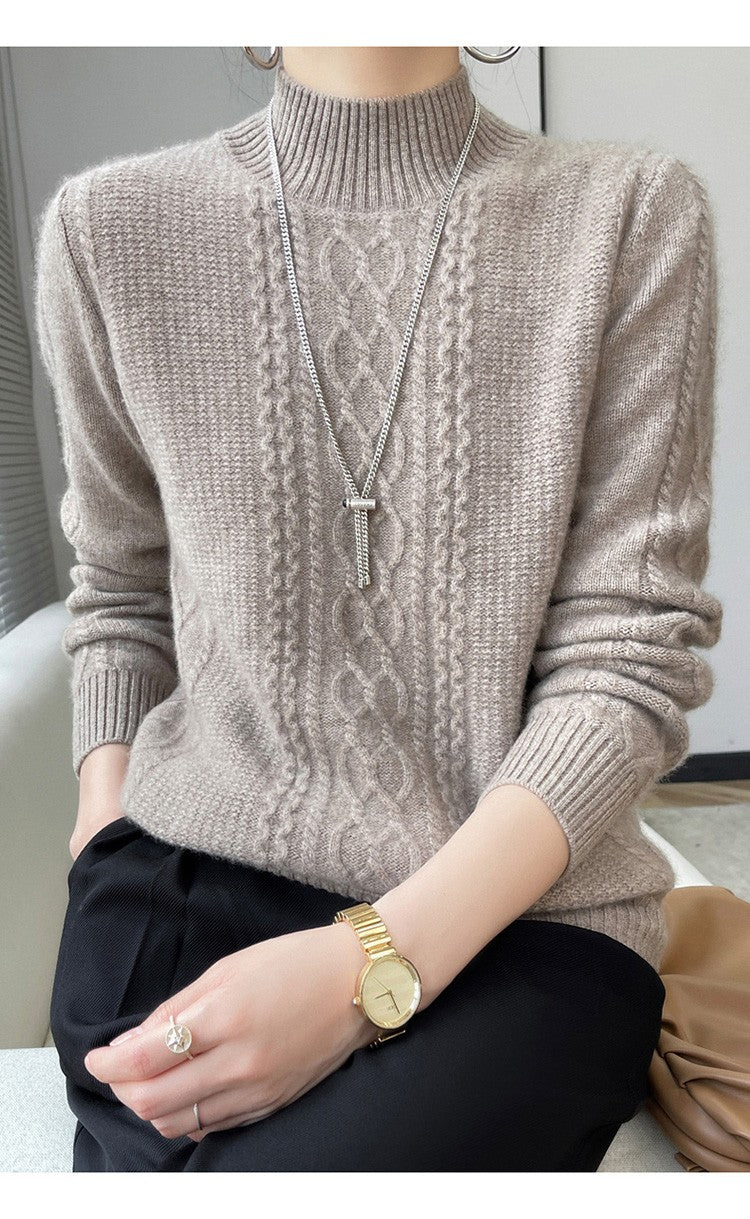 Camiseta Feminina de Gola Alta para Outono e Inverno, Suéter de Cashmere que Emite Calor, Manga Longa, Ajuste Regular