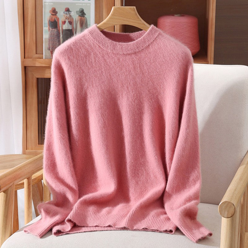 Outono e inverno novo suéter de caxemira de vison feminino curto grosso semi-gola alta camisa de fundo cor sólida simples topo