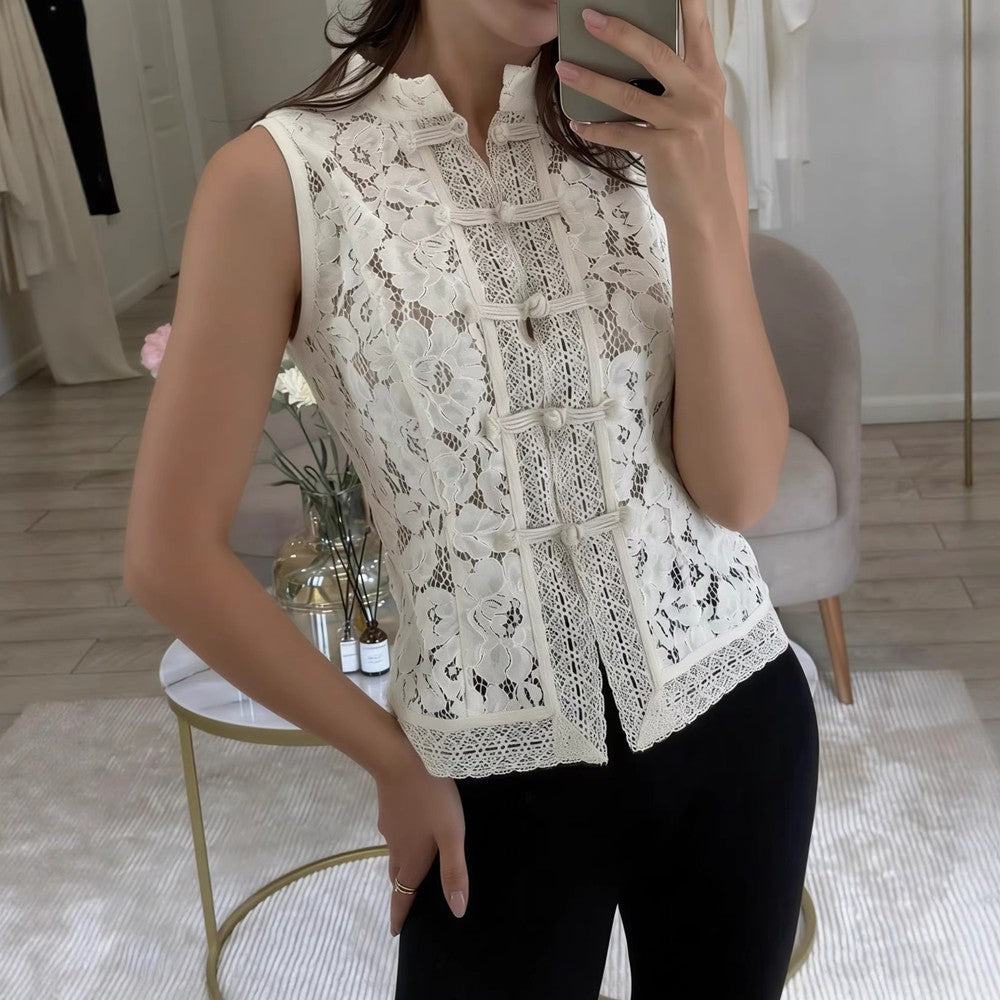 Blusas Femininas Vintage de Renda, Camisas Casuais de Verão com Gola Vazada, Elegantes com Bordado e Manga Bufante, Blusas Sexy