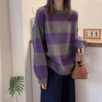 Simples listrado em torno do pescoço cashmere camisola de malha feminina solta manga comprida topo versátil outono e inverno lã base camisola