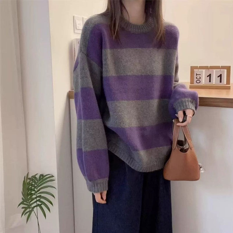 Simples listrado em torno do pescoço cashmere camisola de malha feminina solta manga comprida topo versátil outono e inverno lã base camisola