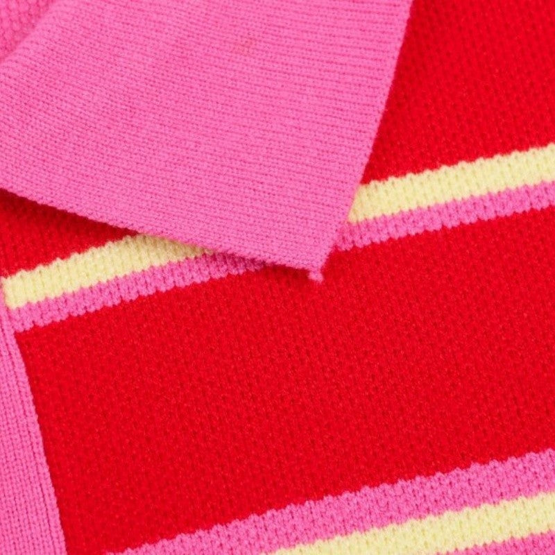 Polo de Malha Listrado Rosa e Vermelho 2026 - Blusa Feminina de Manga Longa com Gola Dobrável, Solta, para Uso Casual Diário na Primavera e Outono