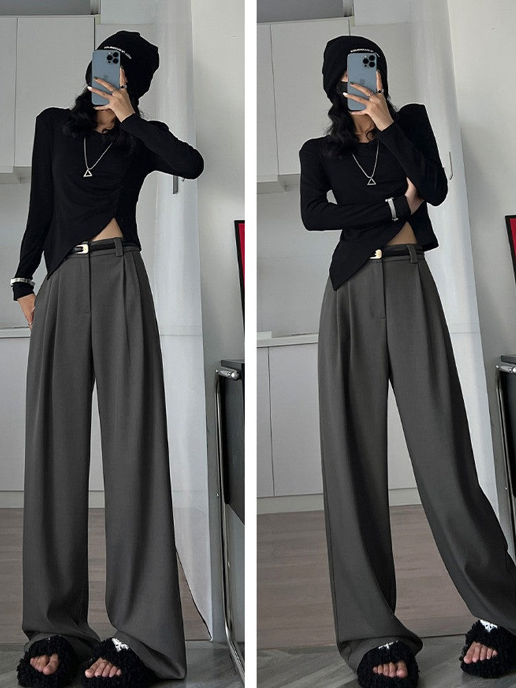 2025 outono inverno elegante cinza ternos calças para mulheres senhora do escritório cintura alta perna larga moda calças com bolsos calças pretas
