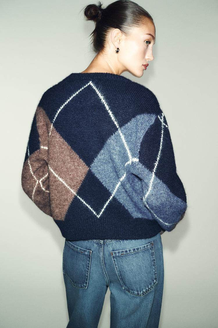 Nova Chegada de Primavera: Suéter Feminino de Tricô com Manga Longa, Gola Redonda e Padrão de Diamante, Simples, Casual, Caim...
