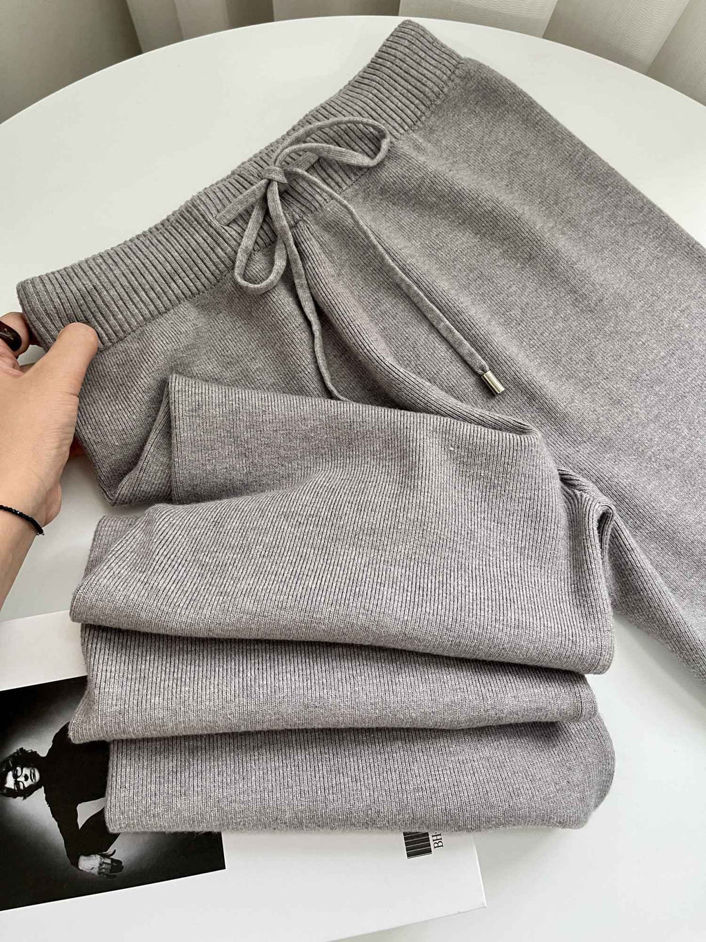Sable Cashmere-Knit Wide-Leg Trousers