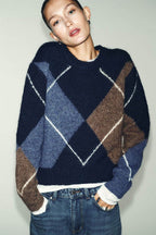 Nova Chegada de Primavera: Suéter Feminino de Tricô com Manga Longa, Gola Redonda e Padrão de Diamante, Simples, Casual, Caim...