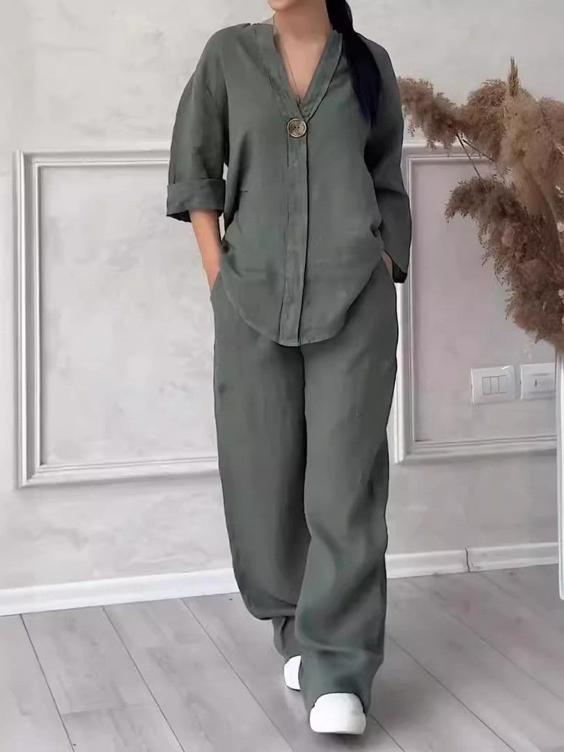 Wren Cotton-Linen Blouse & Wide-Leg Pants Set