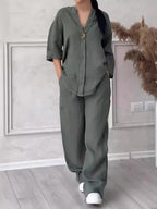 Wren Cotton-Linen Blouse & Wide-Leg Pants Set