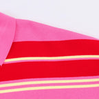 Polo de Malha Listrado Rosa e Vermelho 2026 - Blusa Feminina de Manga Longa com Gola Dobrável, Solta, para Uso Casual Diário na Primavera e Outono