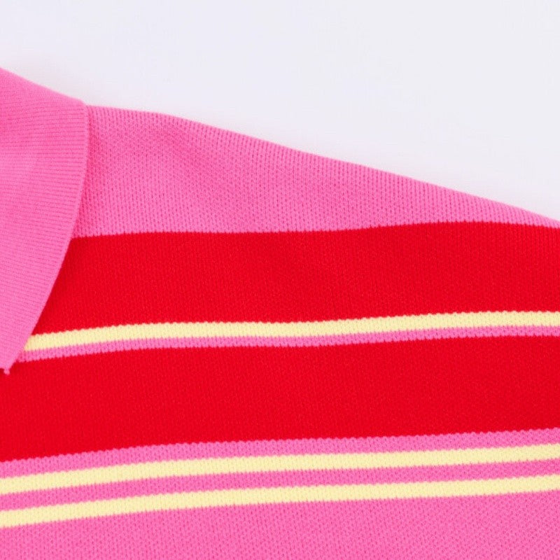 Polo de Malha Listrado Rosa e Vermelho 2026 - Blusa Feminina de Manga Longa com Gola Dobrável, Solta, para Uso Casual Diário na Primavera e Outono