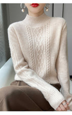 Camiseta Feminina de Gola Alta para Outono e Inverno, Suéter de Cashmere que Emite Calor, Manga Longa, Ajuste Regular