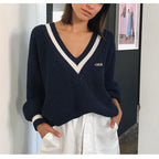 Nova camisola feminina outono inverno malha coreano streetwear solto pulôver sweatshirts chiques topos manga longa com decote em v camisola de malha