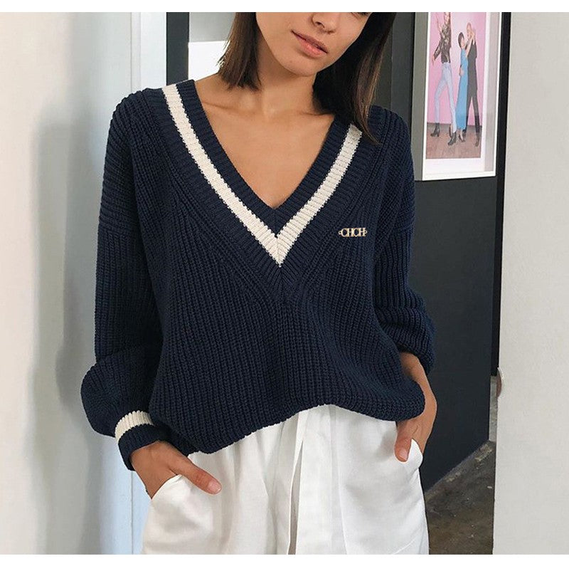 Nova camisola feminina outono inverno malha coreano streetwear solto pulôver sweatshirts chiques topos manga longa com decote em v camisola de malha