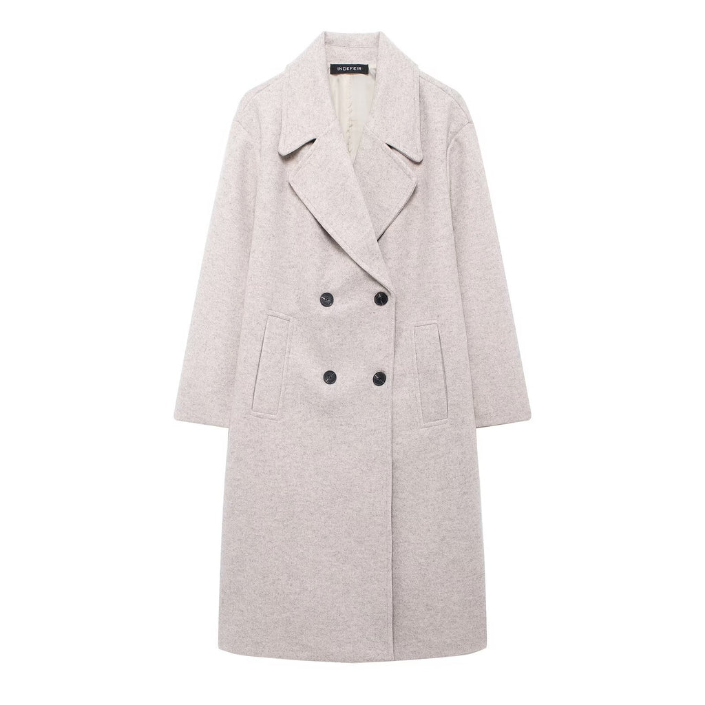 Hh feminino inverno casual mistura de lã entalhado lapela gola casaco chique trespassado trench coats oversized feminino jaquetas longas