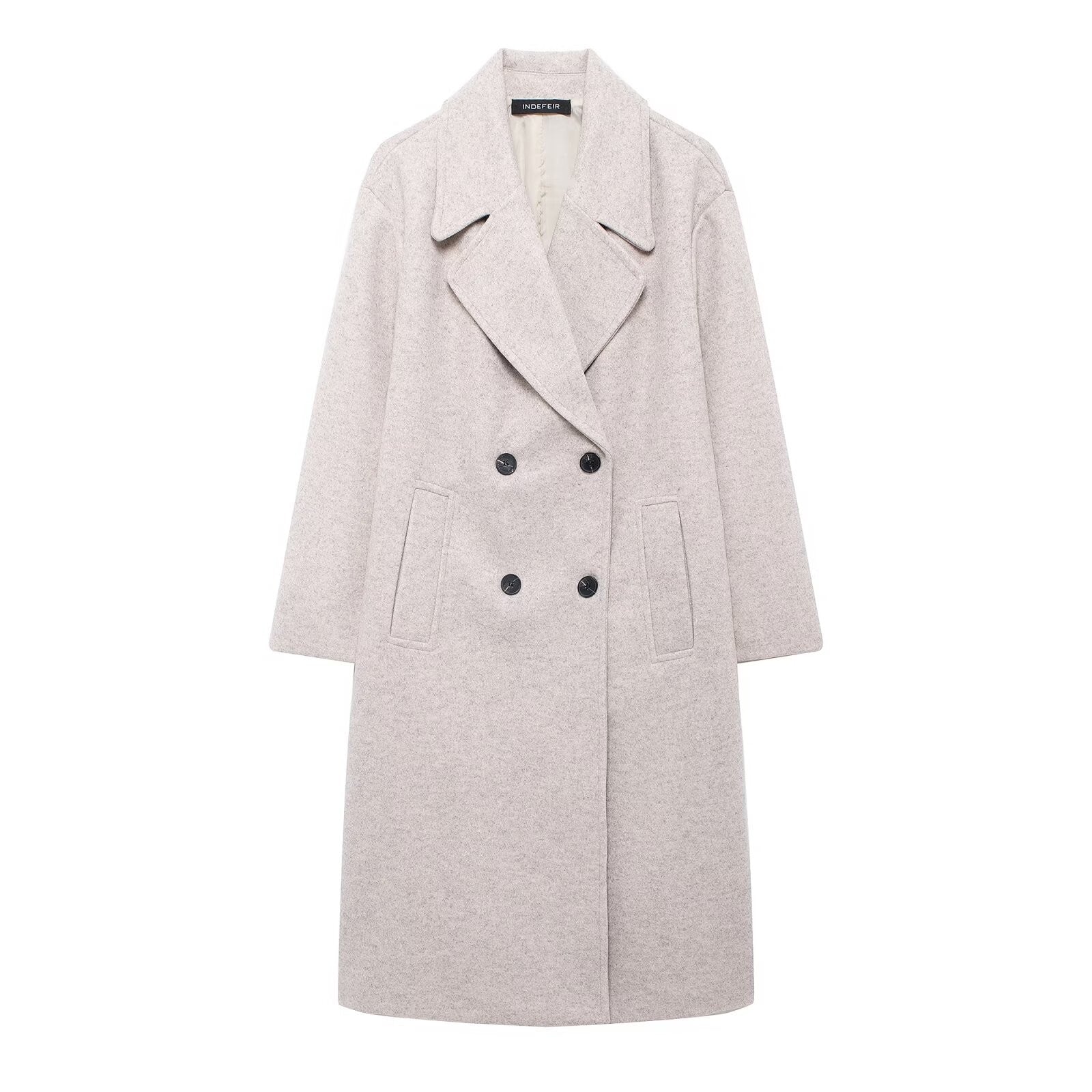 Hh feminino inverno casual mistura de lã entalhado lapela gola casaco chique trespassado trench coats oversized feminino jaquetas longas