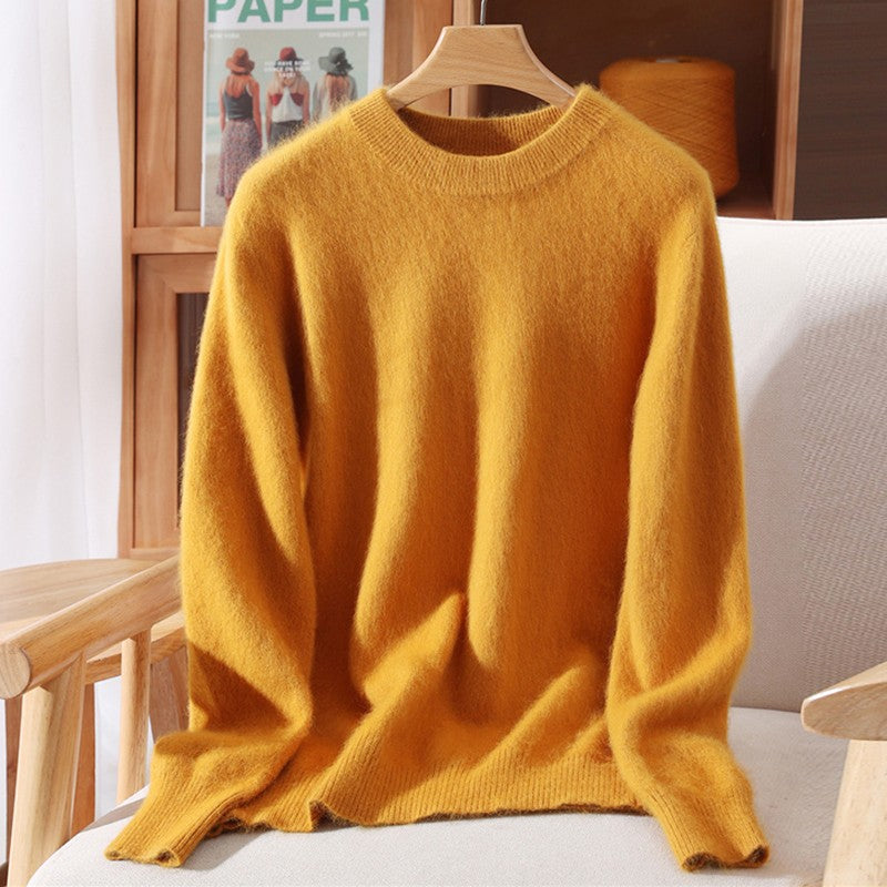 Outono e inverno novo suéter de caxemira de vison feminino curto grosso semi-gola alta camisa de fundo cor sólida simples topo