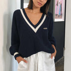 Nova camisola feminina outono inverno malha coreano streetwear solto pulôver sweatshirts chiques topos manga longa com decote em v camisola de malha