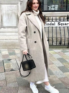 Hh feminino inverno casual mistura de lã entalhado lapela gola casaco chique trespassado trench coats oversized feminino jaquetas longas