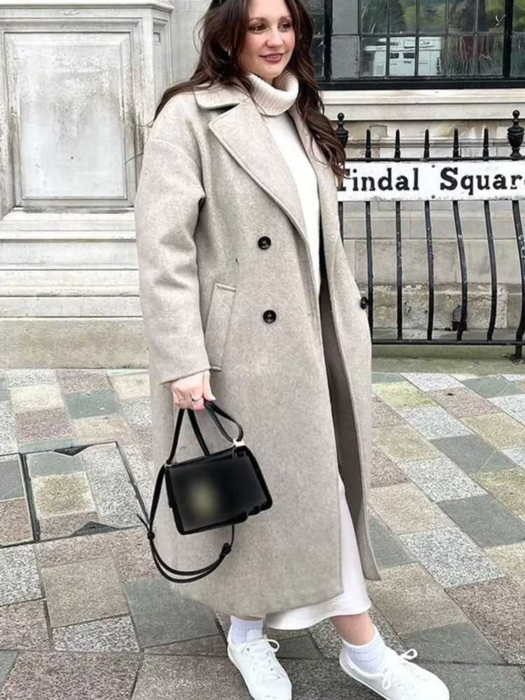 Hh feminino inverno casual mistura de lã entalhado lapela gola casaco chique trespassado trench coats oversized feminino jaquetas longas