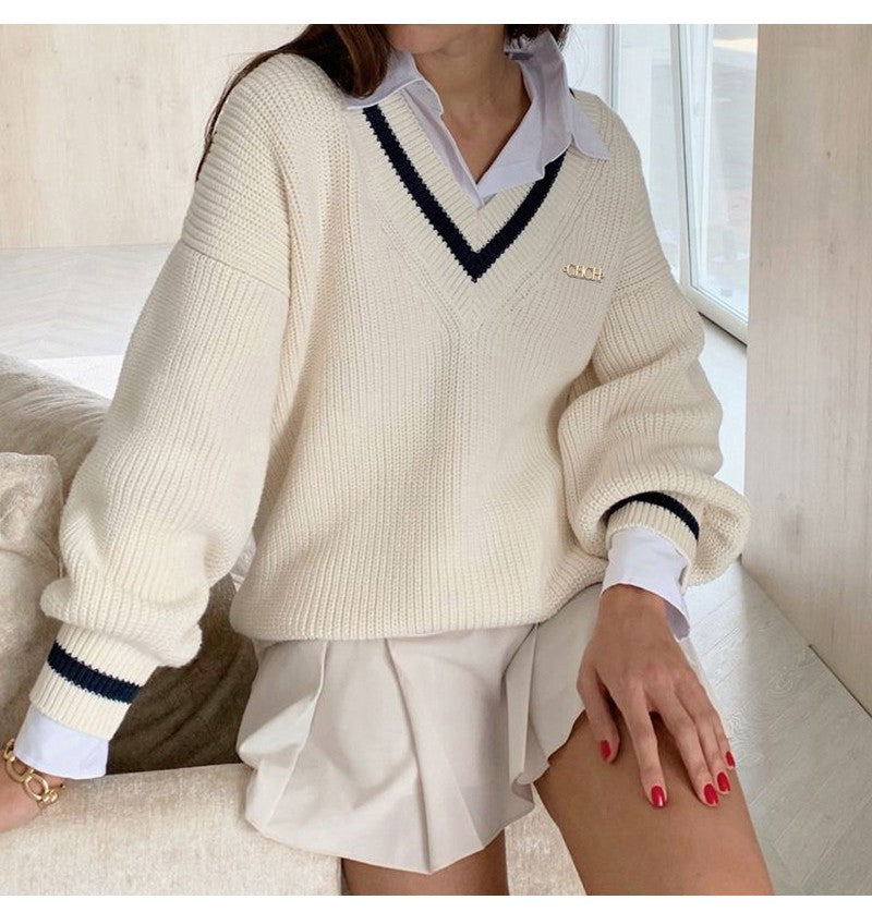 Nova camisola feminina outono inverno malha coreano streetwear solto pulôver sweatshirts chiques topos manga longa com decote em v camisola de malha