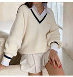 Nova camisola feminina outono inverno malha coreano streetwear solto pulôver sweatshirts chiques topos manga longa com decote em v camisola de malha