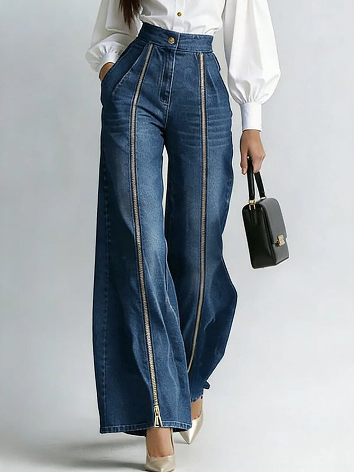 Aurelia Gold-Zip Wide-Leg Jeans