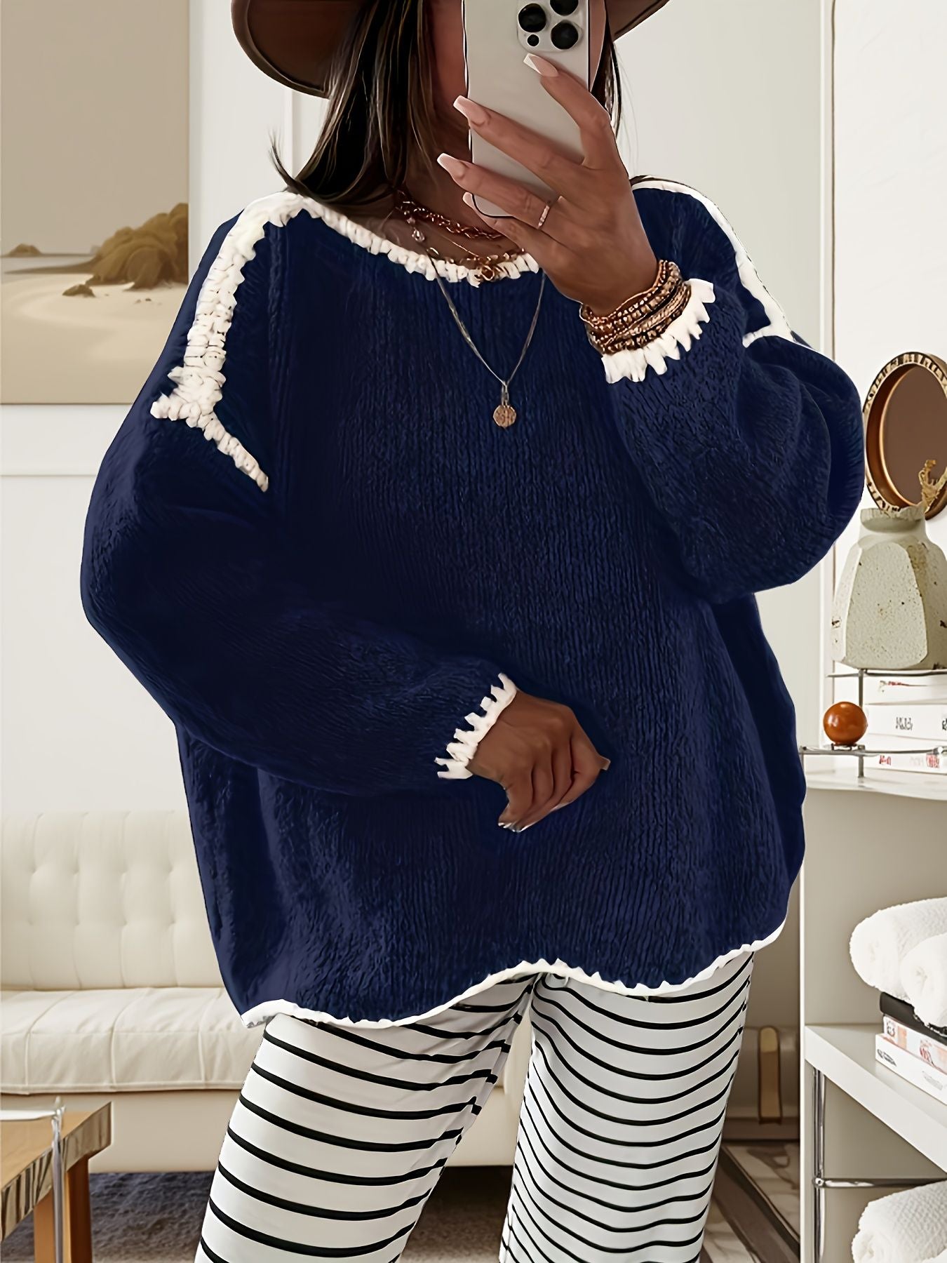 Suéter feminino de outono e inverno com blocos de cores, gola redonda, manga comprida, solto, estilo vintage casual, top de malha.