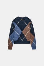 Nova Chegada de Primavera: Suéter Feminino de Tricô com Manga Longa, Gola Redonda e Padrão de Diamante, Simples, Casual, Caim...