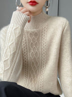 Camiseta Feminina de Gola Alta para Outono e Inverno, Suéter de Cashmere que Emite Calor, Manga Longa, Ajuste Regular