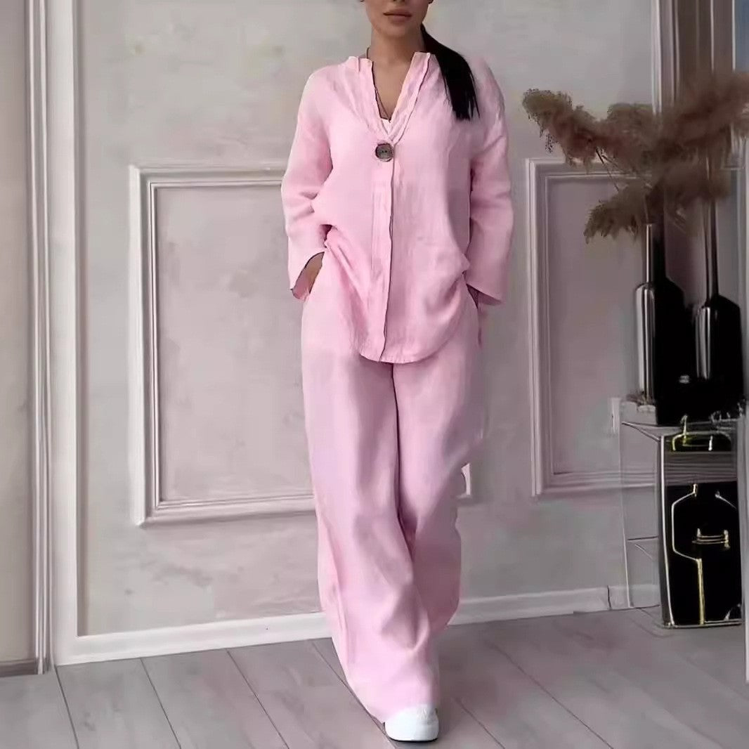 Wren Cotton-Linen Blouse & Wide-Leg Pants Set