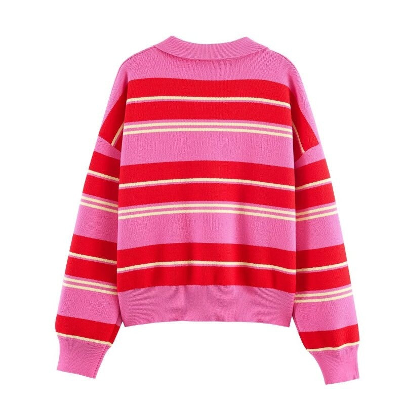 Polo de Malha Listrado Rosa e Vermelho 2026 - Blusa Feminina de Manga Longa com Gola Dobrável, Solta, para Uso Casual Diário na Primavera e Outono