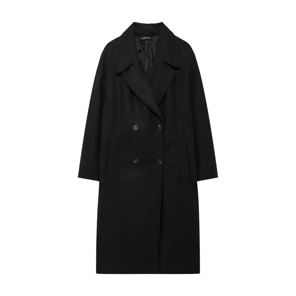 Hh feminino inverno casual mistura de lã entalhado lapela gola casaco chique trespassado trench coats oversized feminino jaquetas longas