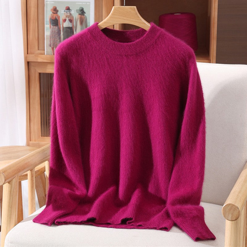 Outono e inverno novo suéter de caxemira de vison feminino curto grosso semi-gola alta camisa de fundo cor sólida simples topo