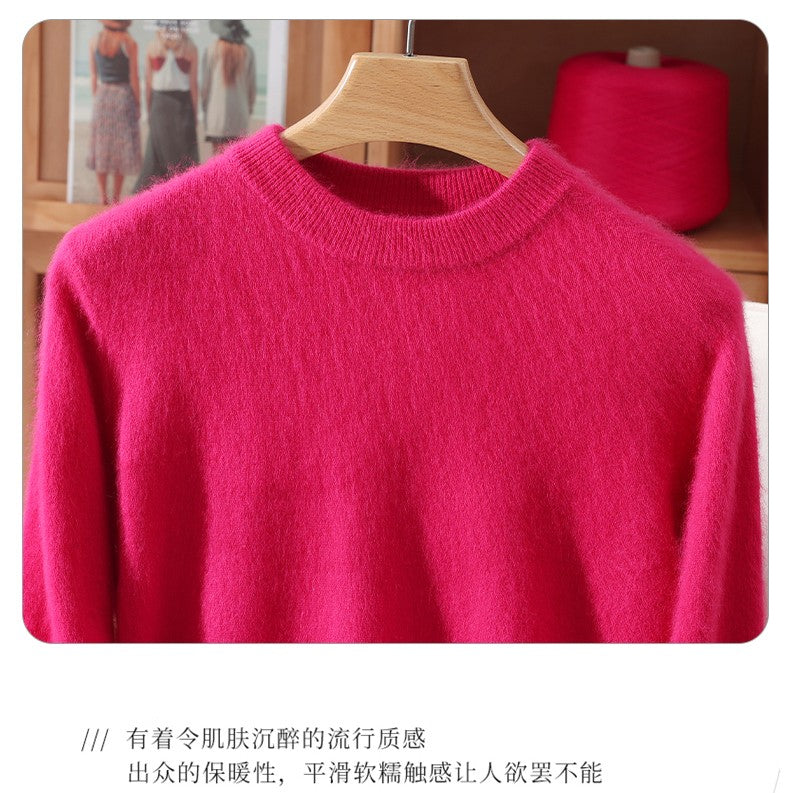 Outono e inverno novo suéter de caxemira de vison feminino curto grosso semi-gola alta camisa de fundo cor sólida simples topo