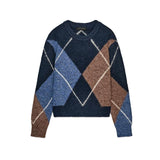 Nova Chegada de Primavera: Suéter Feminino de Tricô com Manga Longa, Gola Redonda e Padrão de Diamante, Simples, Casual, Caim...