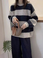 Simples listrado em torno do pescoço cashmere camisola de malha feminina solta manga comprida topo versátil outono e inverno lã base camisola