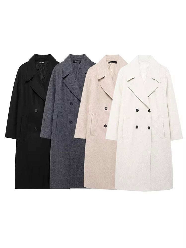 Hh feminino inverno casual mistura de lã entalhado lapela gola casaco chique trespassado trench coats oversized feminino jaquetas longas