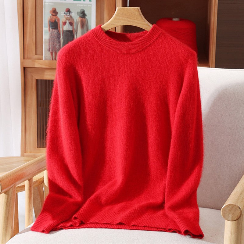 Outono e inverno novo suéter de caxemira de vison feminino curto grosso semi-gola alta camisa de fundo cor sólida simples topo
