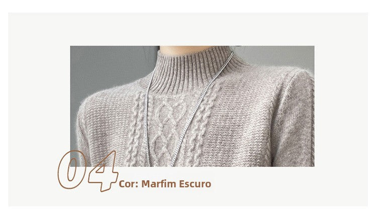 Camiseta Feminina de Gola Alta para Outono e Inverno, Suéter de Cashmere que Emite Calor, Manga Longa, Ajuste Regular