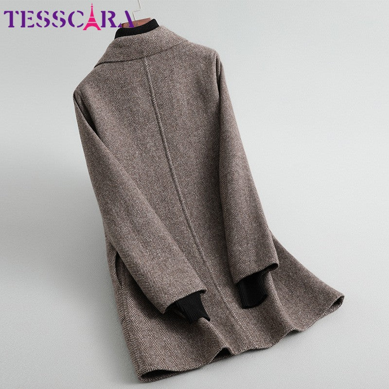 TESSCARA Mulheres Outono Inverno De Lã Mistura Básica Jaqueta Casaco Feminino Cashmere Quente Trench Office Manto Casacos Casacos & Coats