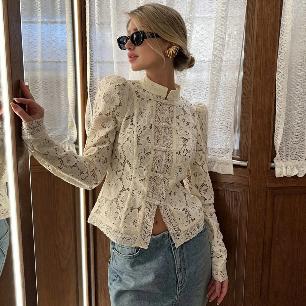 Blusas Femininas Vintage de Renda, Camisas Casuais de Verão com Gola Vazada, Elegantes com Bordado e Manga Bufante, Blusas Sexy