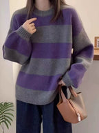 Simples listrado em torno do pescoço cashmere camisola de malha feminina solta manga comprida topo versátil outono e inverno lã base camisola