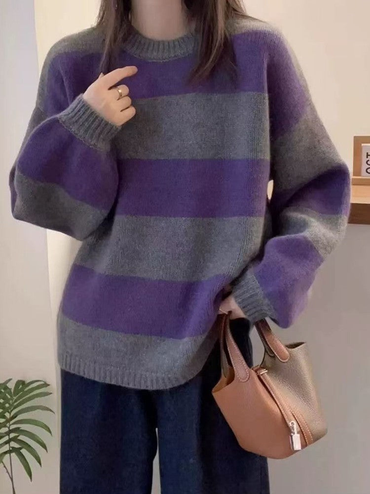 Simples listrado em torno do pescoço cashmere camisola de malha feminina solta manga comprida topo versátil outono e inverno lã base camisola