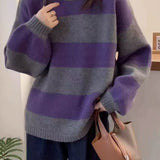 Simples listrado em torno do pescoço cashmere camisola de malha feminina solta manga comprida topo versátil outono e inverno lã base camisola
