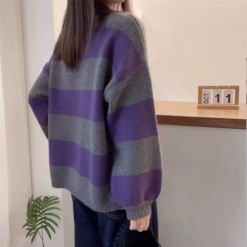 Simples listrado em torno do pescoço cashmere camisola de malha feminina solta manga comprida topo versátil outono e inverno lã base camisola